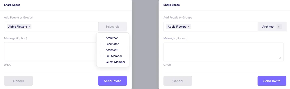 Sharing Space
Select the appropriate role for the invitee. Add an optional message for context. Click Send invite to finalize.
![Sharing Space - Step 4